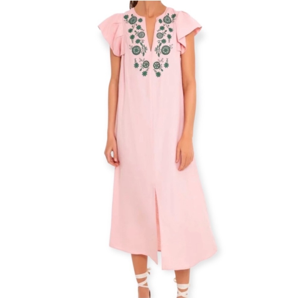Tuckernuck Pomander Place Emma Pink Linen with Green Embroidery Midi Dress Small - Picture 2 of 8